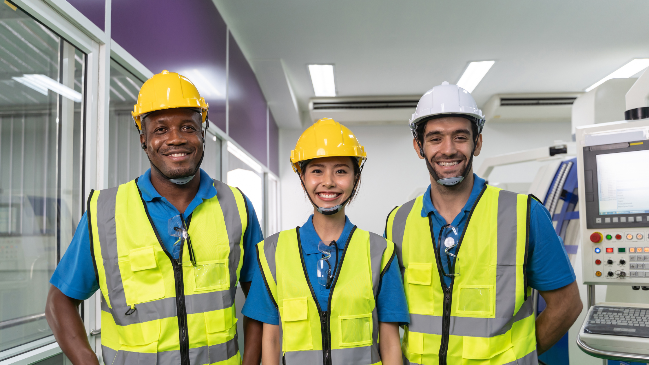 Three industrial workers smiling at the camera.